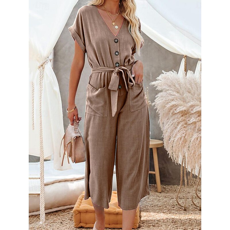 Women's Normal Jumpsuit Basic Solid Color Short Sleeve Shirt Collar Lace up Pocket Street Daily Regular Fit Black Army Green Khaki Summer