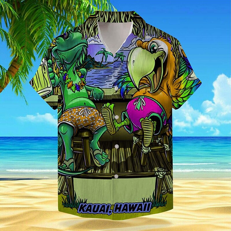 Men's Floral Dinosaur Parrot Shirt Summer Hawaiian Shirt Aloha Shirt Short Sleeve Shirt Turndown Vacation Hawaiian Outdoor Vacation Hawaiian Brown Green khaki S M L4