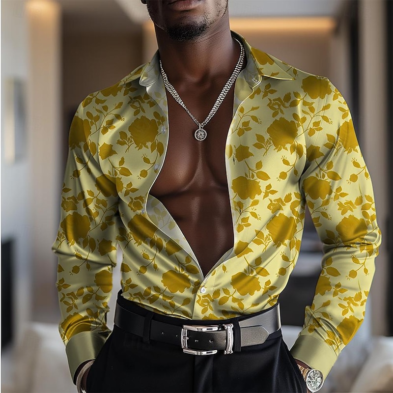Men's Satin Shirt Dress Shirt Button Up Shirt Floral Formal Vacation Yellow Blue Long Sleeve Turndown Summer Spring Clothing Apparel Buttons2