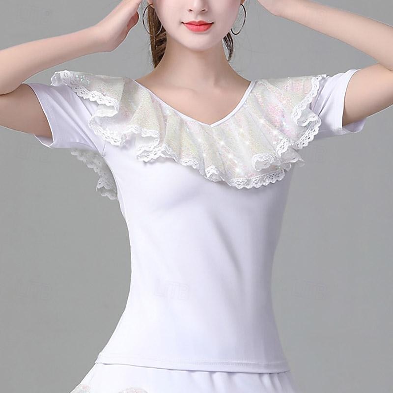 Latin Dance Ballroom Dance Top Ruffles Pure Color Splicing Women's Performance Training Short Sleeve Polyester4