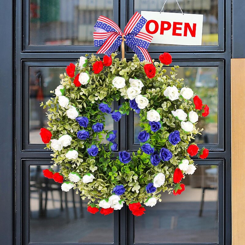 Patriotic Wreath for Front Door 4th of July Independence Day Red White and Blue Decoration, Faux Floral Grapevine Ring with American Flag Elements, Wholesale Party Decor for Porch or Wall