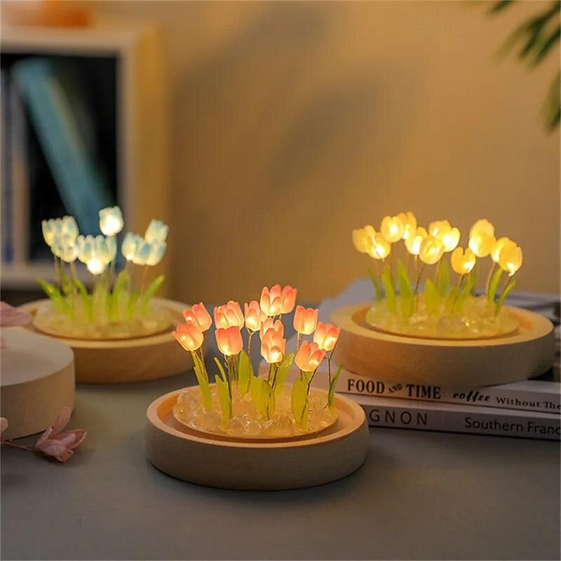Artificial Tulip Flower Night Light Handmade DIY Bedside Lamp LED Night Lamp Bedroom Decor Christmas Birthday Gifts Table Lamp3