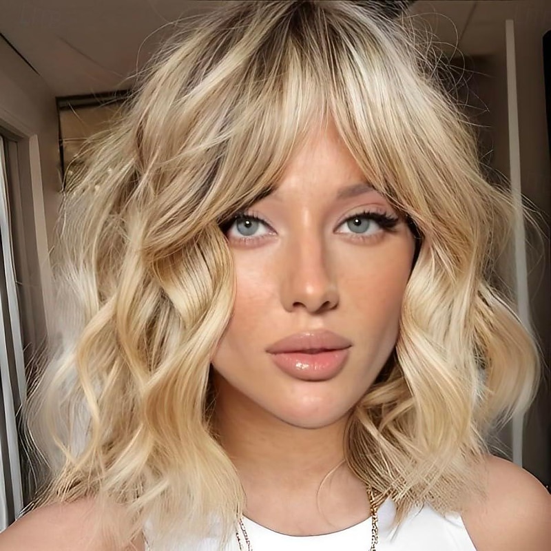 Short Blonde Bob Wigs for Women,Synthetic Wavy Curly Hair Wig with Bangs for Daily 12 inch Auburn Burgundy Blonde Black Light Blonde Wigs