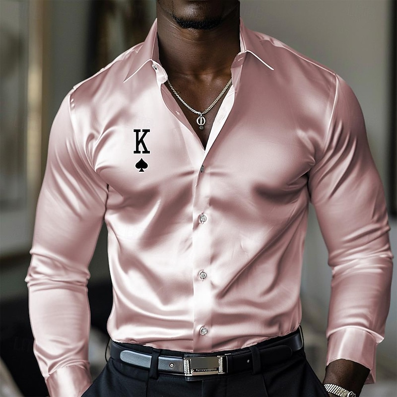Men's Satin Shirt Dress Shirt Button Up Shirt Vacation Party Black White Yellow Pink Long Sleeve Turndown Fall Spring & Summer Clothing Apparel Print