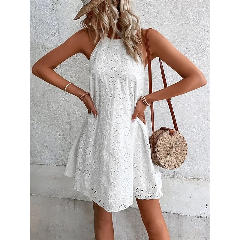 Women's Mini Dress White Dress Lace Dress Casual Dress Boho Dress Casual Vacation Daily Loose Fit Plain Sleeveless Halter Neck Black White Orange Green Summer Spring