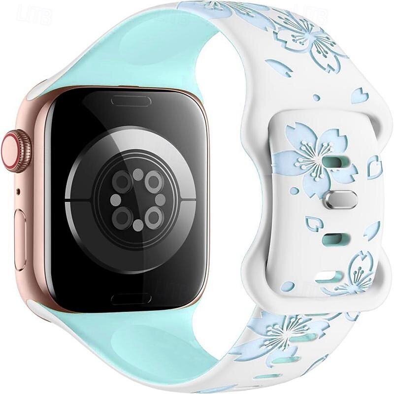Flower Engraved Compatible with Apple Watch band 38mm 40mm 41mm 42mm 44mm 45mm 49mm Rugged Butterfly Buckle Silicone Strap Replacement Wristband for iwatch Ultra 2 Series 9 8 7 SE 6 5 4 3 2 12