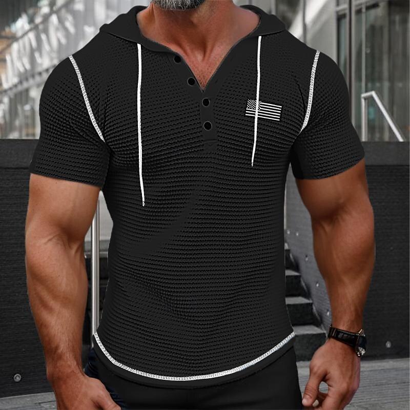 Men's Waffle Henley Shirt Henley Shirt Short Sleeve Shirt Tee Top Solid Color Hooded Outdoor Street Short Sleeve Button American flag Clothing Apparel Daily Hawaiian 6