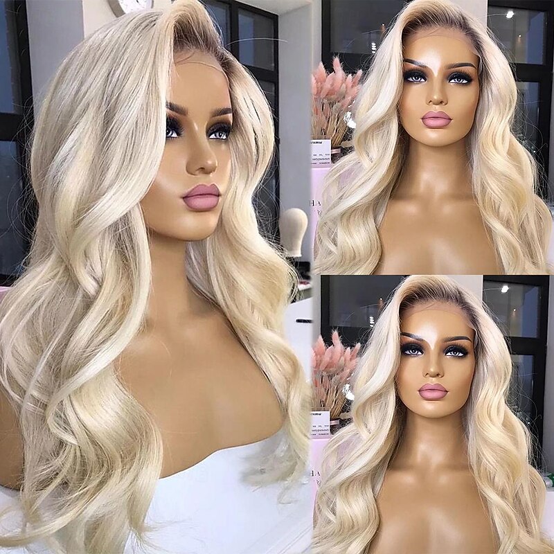 100% Unprocessed Virgin Hair 13x4 Glueless Lace Front Wig Brazilian Hair Wavy Ombre Ash Blonde Hair  Lace Front Human Hair Wig Pre-Plucked For Women