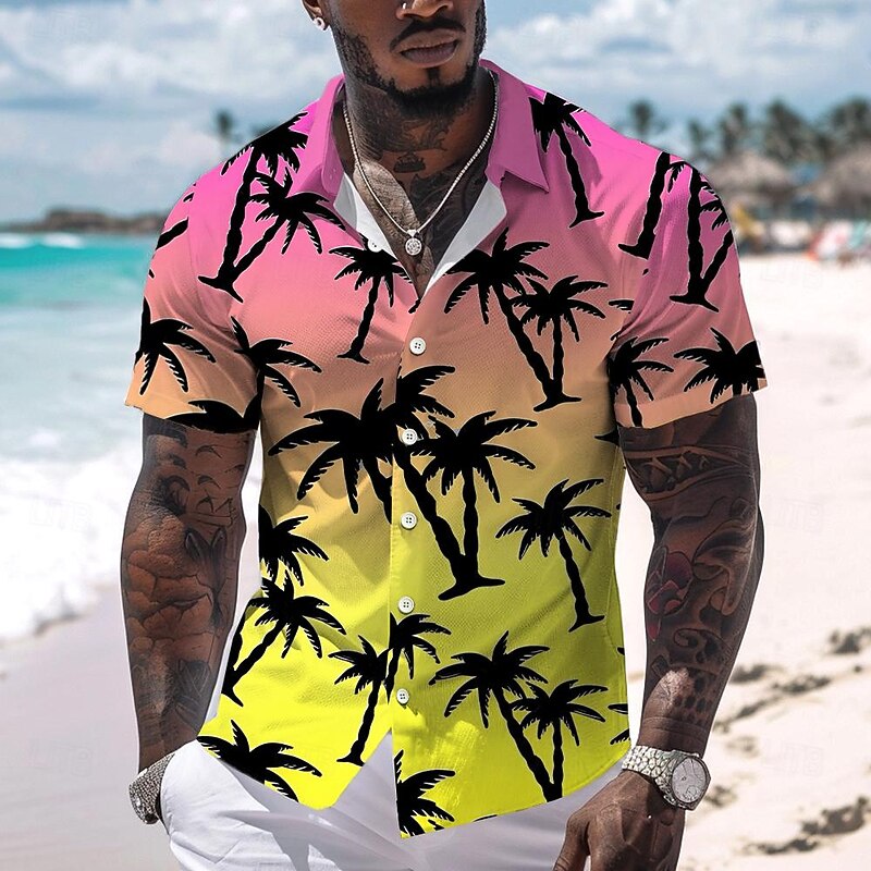 Men's Gradient Coconut Tree Palm Tree Summer Hawaiian Shirt Aloha Shirt Short Sleeves Shirt Turndown Hawaiian Casual Resort Outdoor Vacation Street Purple S M L