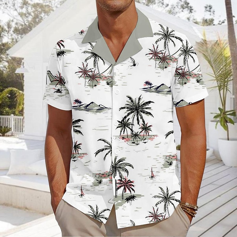 Men's Coconut Tree Architecture Tropical Plants Summer Hawaiian Shirt Camp Collar Shirt Aloha Shirt Short Sleeve Shirt Cuban Collar Fashion Hawaiian Designer Outdoor Street Casual Black White Green S