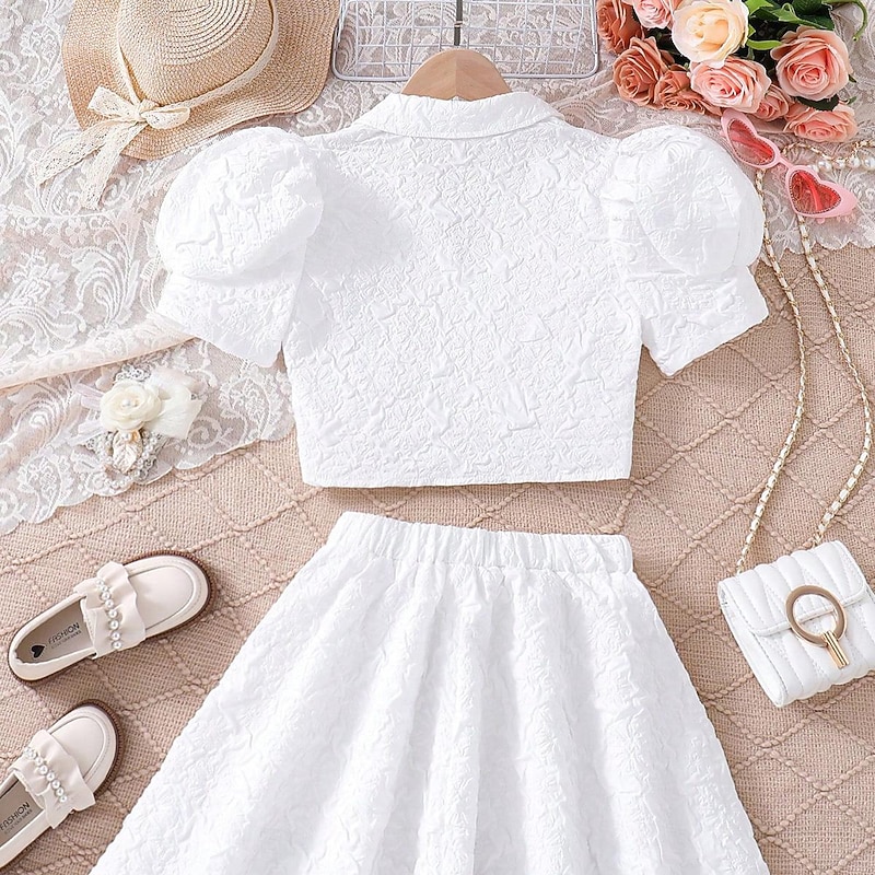 2 Pieces Kids Girls' Solid Color Ruched Dress Suits Set Short Sleeve Fashion School 7-13 Years Summer White2