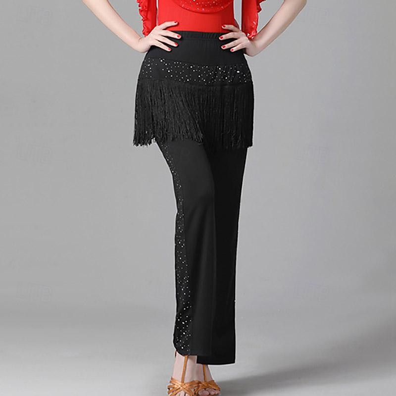 Latin Dance Ballroom Dance Pants Tassel Pure Color Splicing Women's Performance Training High Polyester4
