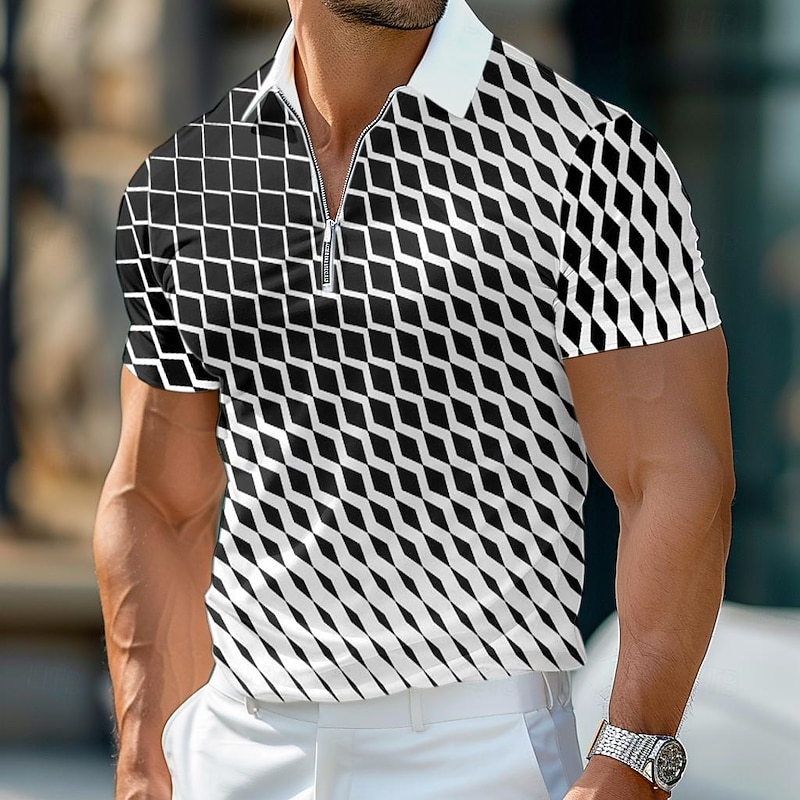Men's Geometric Hawaiian Polo Shirts Golf Shirt Short Sleeve Polo Shirts Collared Shirts Casual Beach Wear Vacation Wear Party Outfits 3D Print Quarter Zip Polo Summer Spring White