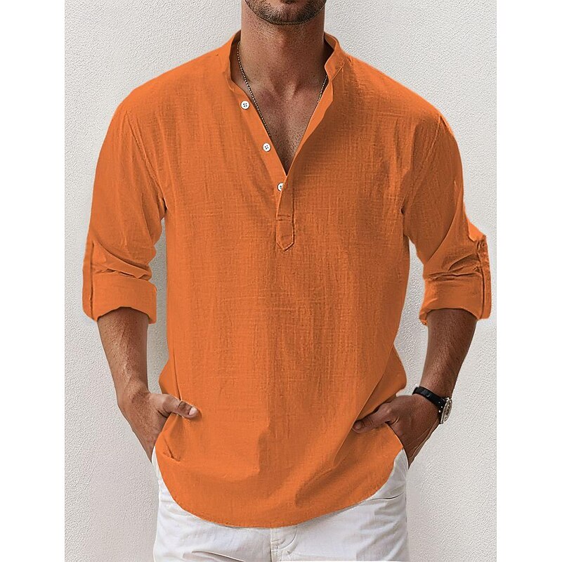 Men's Linen Shirt Popover Shirt Summer Shirt Beach Wear Casual Shirt Band Collar Shirt Plain Vacation Hawaiian Black White Pink Blue Long Sleeve Henley Spring & Summer Clothing Apparel