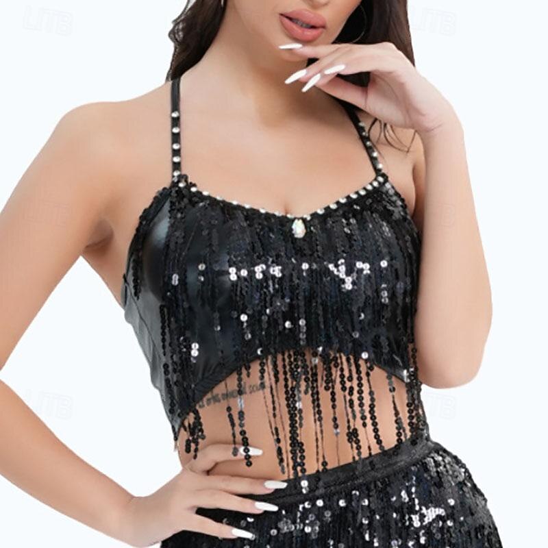 Belly Dance Top Glitter Tassel Pure Color Women's Performance Training Sleeveless High Polyester3