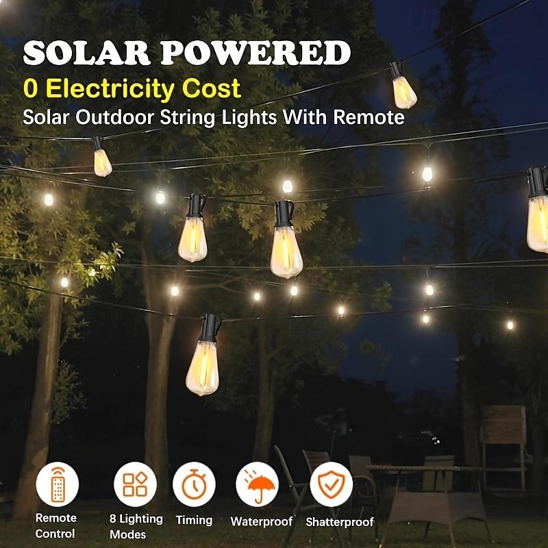 Solar String Lights Outdoor Weatherproof with Remote, Solar Powered LED Edison Bulb Outdoor String Lights for Outside Patio Backyard Fence Halloween Christmas Decorations3