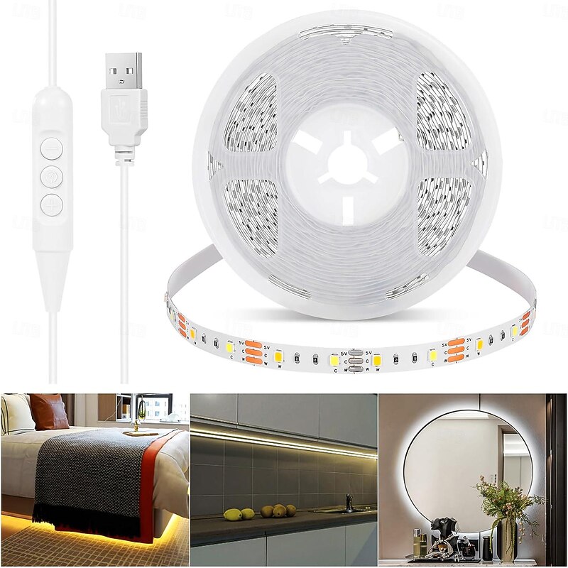USB LED Strip Light 3 Colors for TV 1-5M USB 5V Flexible Light Strip with Self-adhesive Dimmable Dual Color LED light Strip 2800K-6500K Warm White to Daylight Suitable for Stairs Wardrobes Kitchens Mirrors