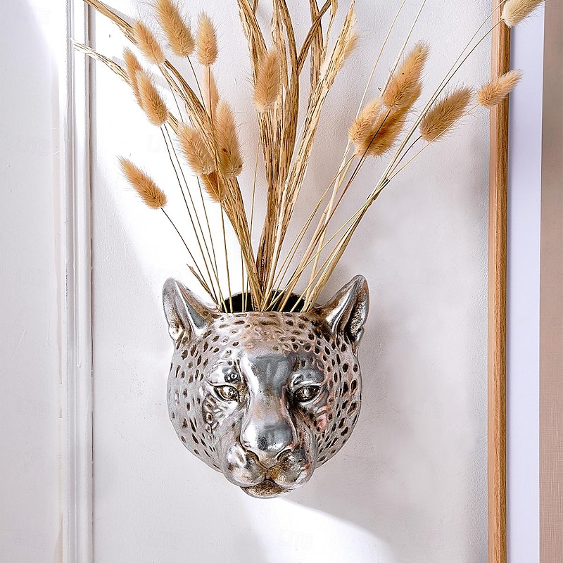 Vintage Gold and Silver Leopard Head Wall Decor, Gold and Silver Foil Surface, Wall Hanging Flower Vase and Storage, Creative Cute Animal Wall Art for Home Decoration4