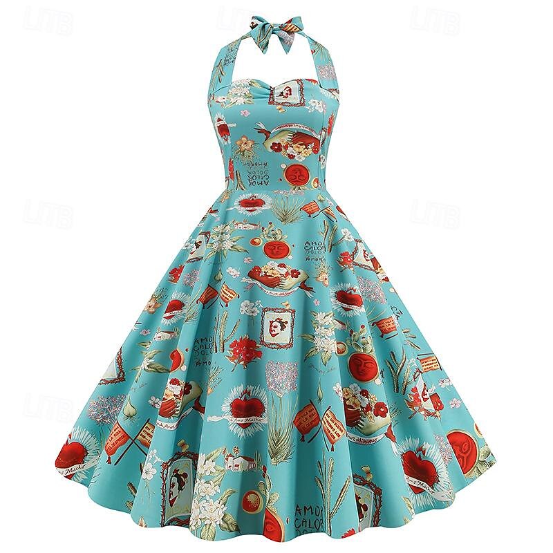 Retro Vintage 1950s Rockabilly Swing Dress Flare Dress A-Line Halter Neck Fancy Dress Women's Carnival Tea Party Casual Daily Retro Theme Party Adults Dress Spring & Summer2