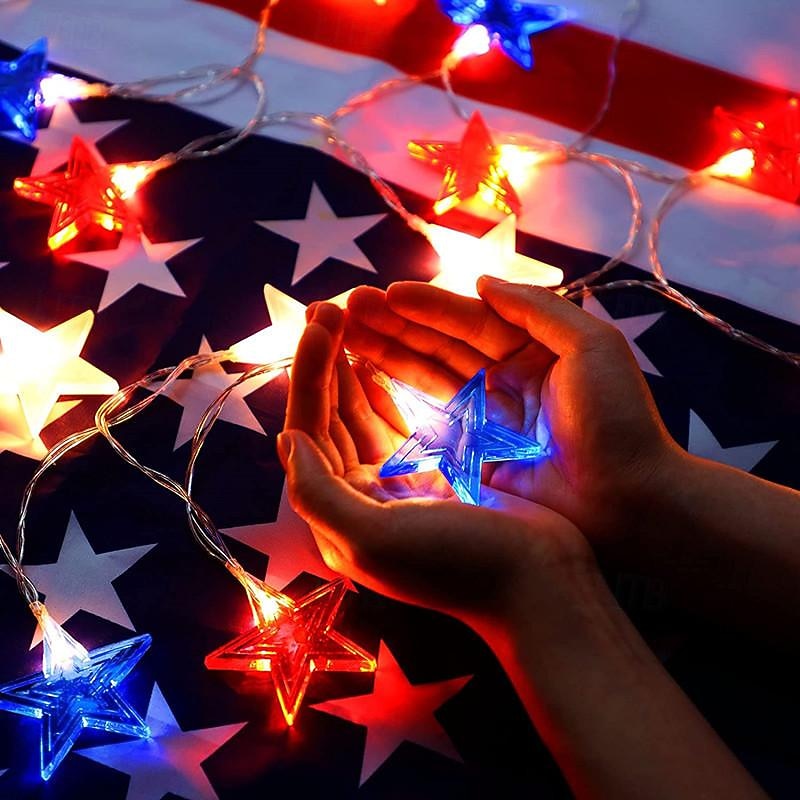 Patriotic 10ft 20LED Star String Lights Decor Independence Day,  Fourth of July LED Star Fairy Lights with Remote Control Red White Blue 8 Modes Battery Powered Holiday Home Party Decoration2