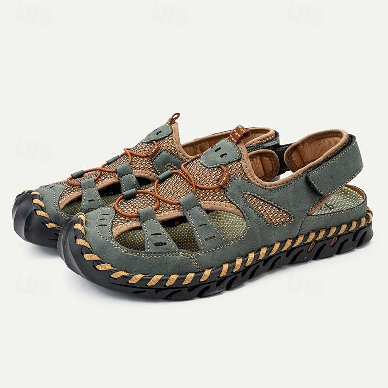 Men's Sandals Flat Sandals Leather Breathable Comfortable Slip Resistant Magic Tape Wine Black Brown2