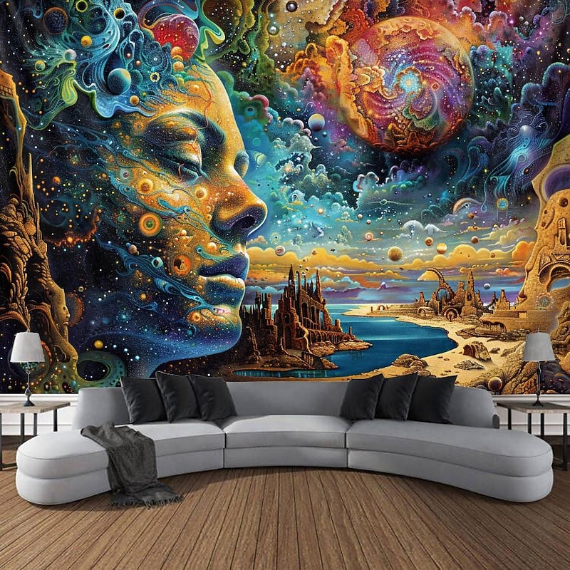 Blacklight Tapestry UV Reactive Glow in the Dark Glow Party Neon Woman Fantasy World Psychedelic Trippy Misty Hanging Tapestry Wall Art Mural for Living Room Bedroom