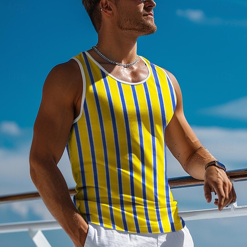 Men's Color Block Stripe Vest Top Sleeveless T shirt 3D Print Shirt Vacation Tropical Fashion Yellow Red Orange Summer Spring Clothing Apparel S M L XL XXL XXXL