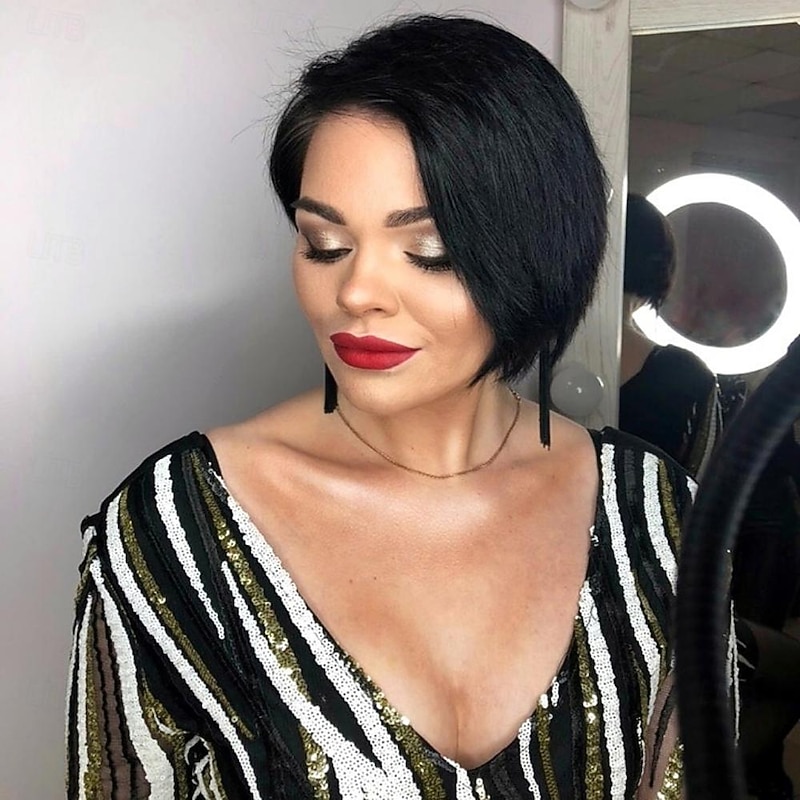 Bob Wig Human Hair Short Pixie Cut Wigs for Black Women Human Hair Wig with Bangs Glueless Layered Wig None Lace Front Wig Full Machine Made Wig 1B Color