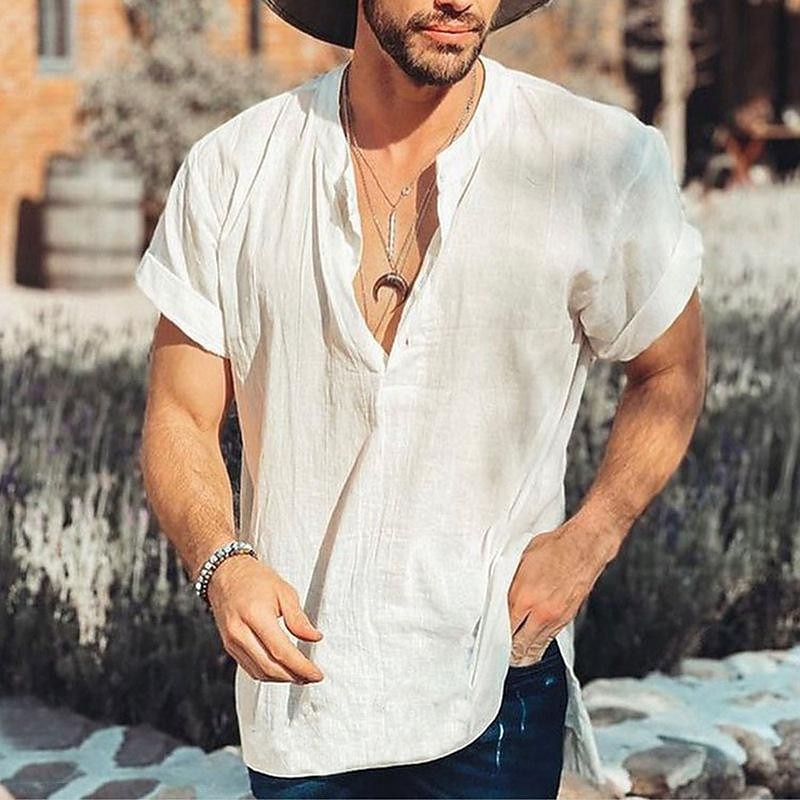 Men's Shirt Linen Shirt Casual Shirt Beach Shirt Plain Vacation Street Black White Gray Short Sleeve Band Collar Summer Clothing Apparel Button-Down