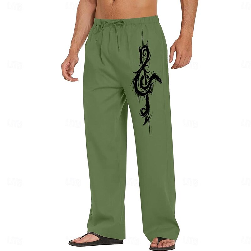 Men's Animal Turtle Linen Pants Baggy Pants Mid Waist Hawaiian Casual Outdoor Streetwear Elastic Waist Spring &  Fall Fall & Winter Black White Blue