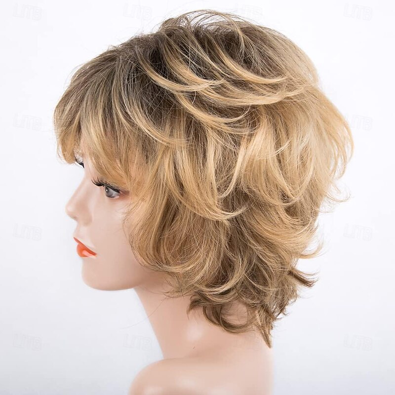 Curly Lace Wig Women Short Curly Wigs with Bangs Yellow Brown Mixed Blonde Pixie Cut Wig for Women Straight Synthetic Fiber Wigs Wavy Wig3
