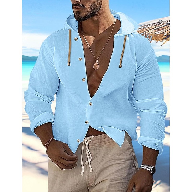 Men's Shirt Linen Shirt Summer Shirt Beach Wear Button Up Shirt Plain Vacation Curise Black White Blue Khaki Long Sleeve Hooded Spring & Summer Clothing Apparel2