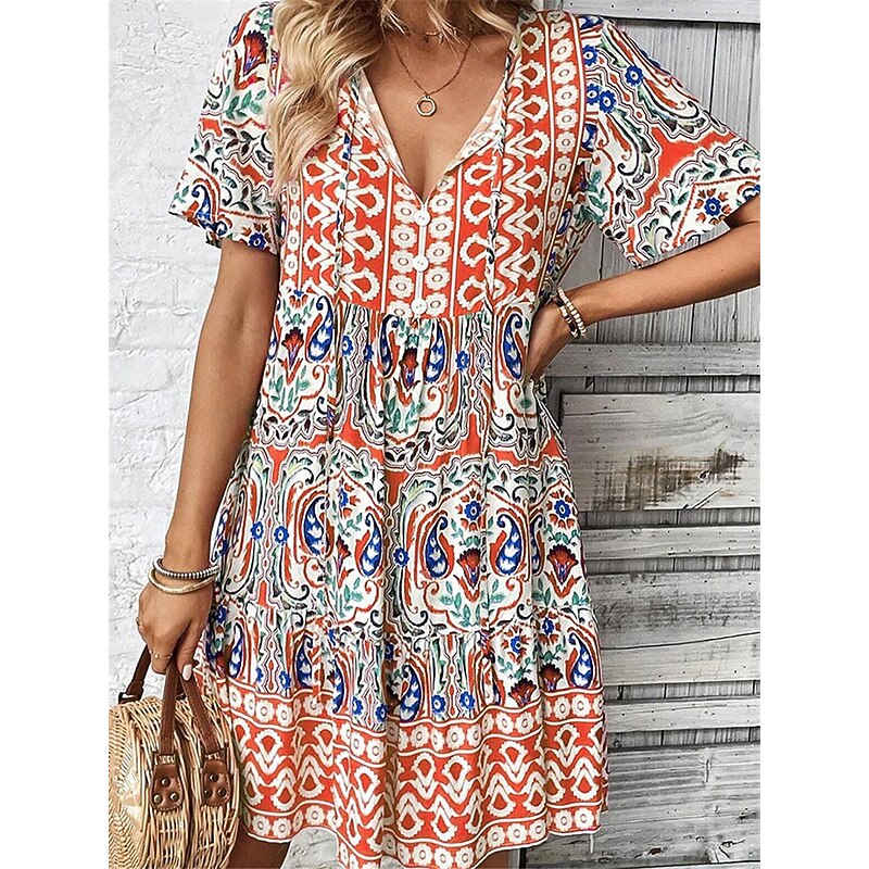 Women's Mini Dress Petite Dress Casual Dress Boho Chic Dresses Summer Dress Boho Dress Casual Boho Vacation Daily Beach Loose Fit Floral Short Sleeve V Neck Red Blue Fuchsia Summer