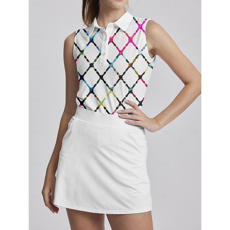 Women's Golf Polo Shirt White Sleeveless Sun Protection Top Plaid Ladies Golf Attire Clothes Outfits Wear Apparel