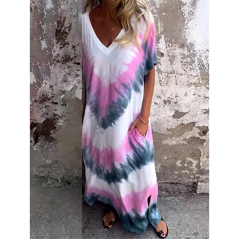 Women's Casual Dress T Shirt Dress Tee Dress Tie Dye Pocket Print V Neck Long Dress Maxi Dress Stylish Casual Daily Vacation Short Sleeve Summer3