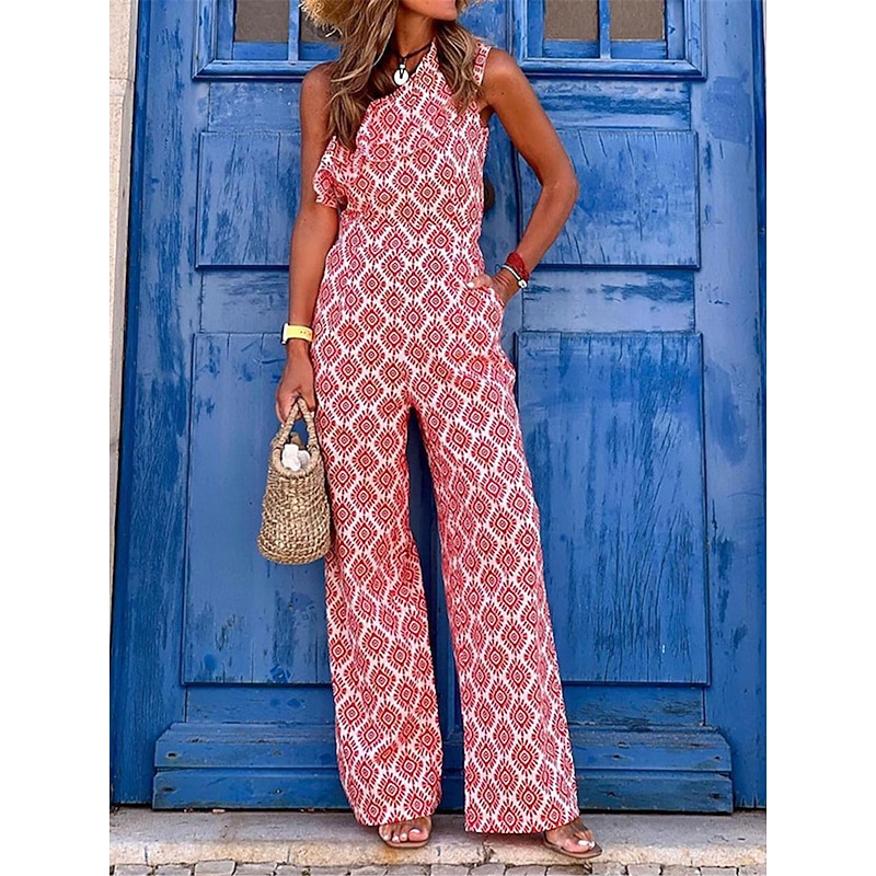 Women's Normal Jumpsuit Streetwear Geometric Sleeveless One Shoulder Ruffle Pocket Street Daily Regular Fit Fuchsia Summer