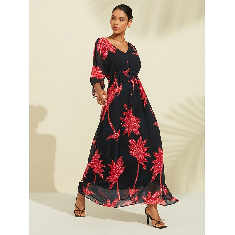 Women's Print Dress Maxi Dress Black 3/4 Length Sleeve Leaf Printing Flower / Plants Printing Spring & Summer V Neck Beach S M L2