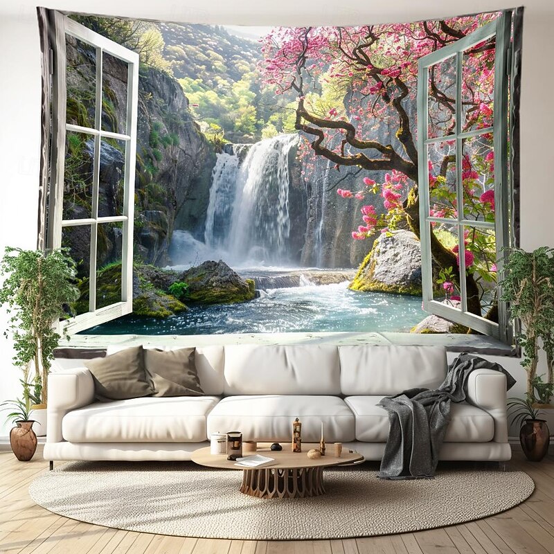 Waterfall Window View Hanging Tapestry Wall Art Large Tapestry Mural Decor Photograph Backdrop Blanket Curtain Home Bedroom Living Room Decoration Cottagecore