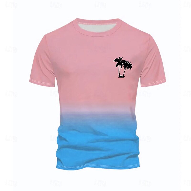 Men's Gradient Coconut Tree T Shirt Short Sleeve T shirt 3D Print Crew Neck Shirt Fashion Street Style Outdoor Street Pink Blue Green Summer Spring Clothing Apparel S M L XL XXL 3XL4