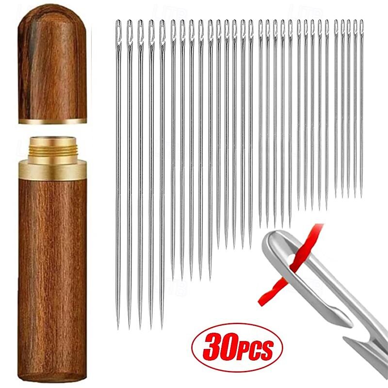 30 Pcs Self Threading Sewing Needles with Wood Case 6 Sizes of Embroidery Needles Side Threading Hand Sewing Needles for Knitting Mending DIY Embroidery Sewing Handsewing Art Crafts