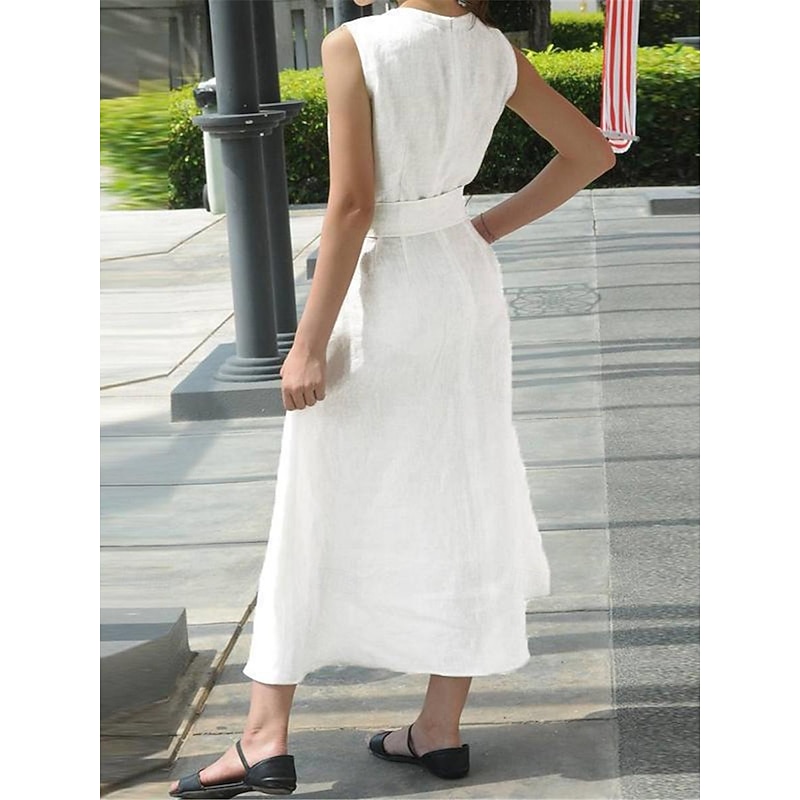 Women's Black White Summer Spring Maxi Dress Linen-Inspired Dresses White Dress Casual Dress Basic Modern Daily Weekend Loose Fit Plain Split Neck4