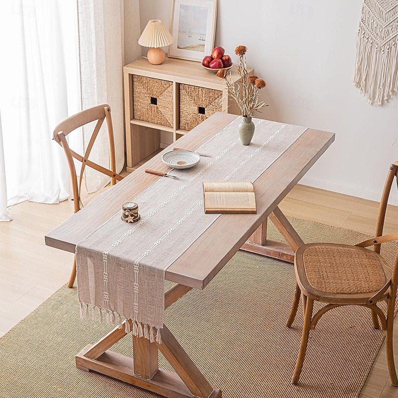 Plain Simple Striped Fringed Table Runner with Tassel 87 inch Long 35 x 220cm2