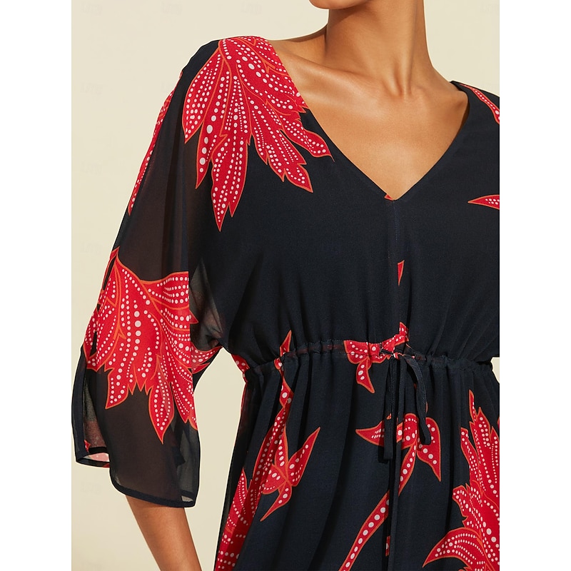 Women's Print Dress Maxi Dress Black 3/4 Length Sleeve Leaf Printing Flower / Plants Printing Spring & Summer V Neck Beach S M L4