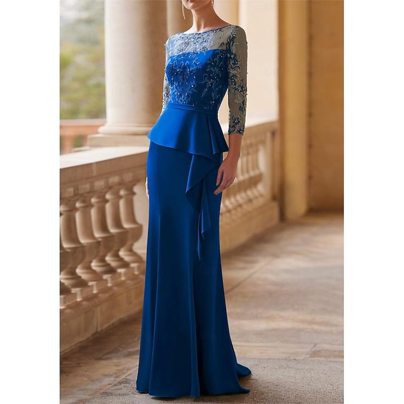 Mermaid Mother of the Bride Dress Elegant Vintage Party Illusion Neck Jewel Neck Floor Length Lace Stretch Fabric 3/4 Length Sleeve Half Sleeve with Sash / Ribbon Ruched Beading3