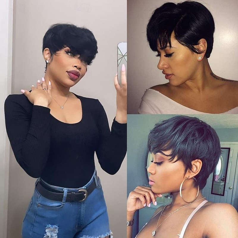 Pixie Cut Wig for Black Women Short Human Hair Wigs None Lace Front Wig Short Layered Wigs with Bangs for Daily Wear Natural Color4