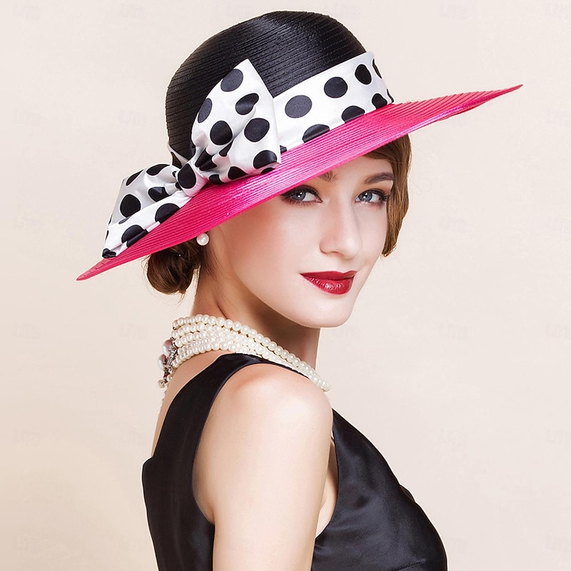 Hats Fiber Bowler / Cloche Hat Bucket Hat Straw Hat Wedding Tea Party Elegant Wedding With Bowknot Polka Dot Headpiece Headwear2