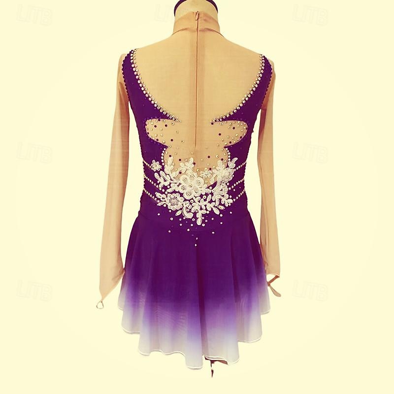 Figure Skating Dress Women's Girls' Ice Skating Dress Blue Fuchsia Thumbhole Halo Dyeing Mesh Spandex Stretchy Training Practice Professional Skating Wear Thermal Warm Classic Crystal / Rhinestone4
