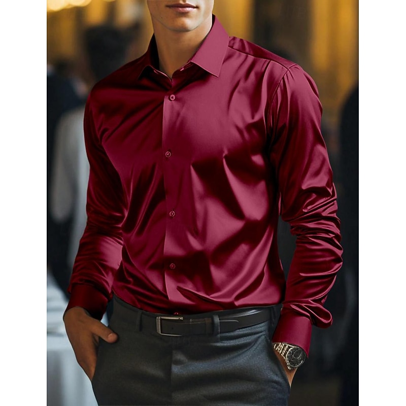 Men's Shirt Satin Shirt Casual Shirt Button Up Shirt Plain Wedding Vacation White Wine Blue Green Long Sleeve Collar Spring & Summer Clothing Apparel4
