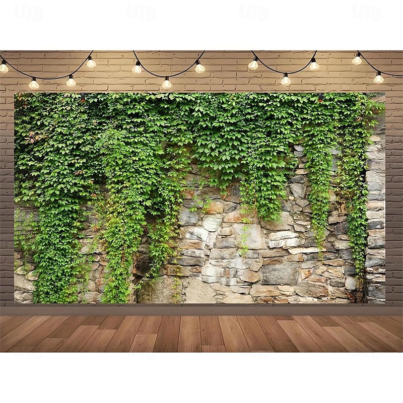 1pc Spring Garden Leaves Falling Horticultural Plants Grunge Stone Wall Green Banner Leaves And Branches Covering Vintage Architecture Photo Background3