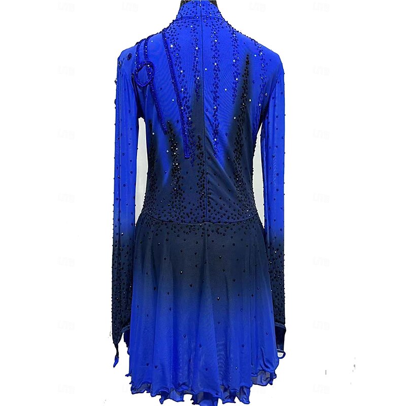 Figure Skating Dress Women's Girls' Ice Skating Skirt Dress Dark Blue Patchwork Mesh Spandex Lace Micro-elastic Training Skating Wear Crystal / Rhinestone Long Sleeve Figure Skating4